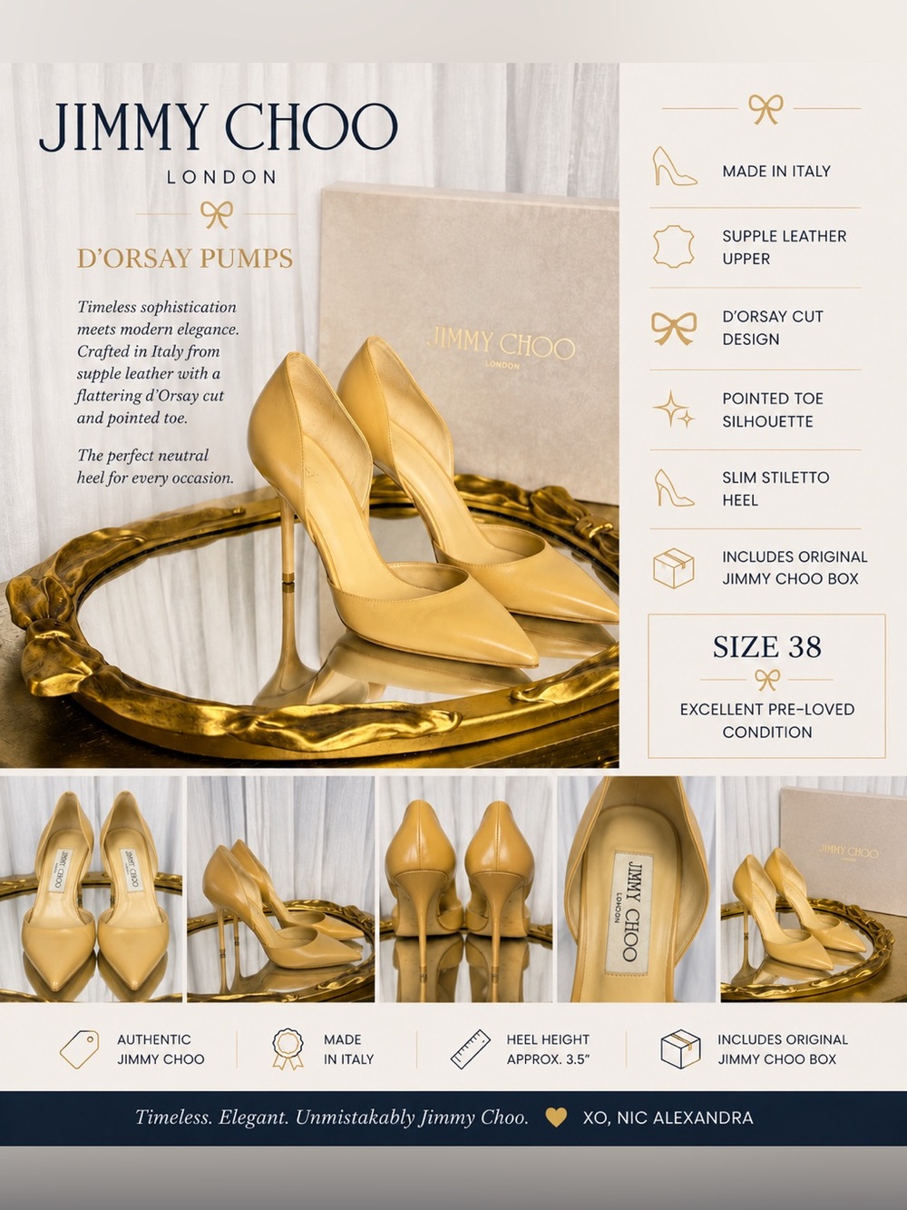 Jimmy Choo Nude Leather D’Orsay Pointed Toe Pumps IT 38 US 8